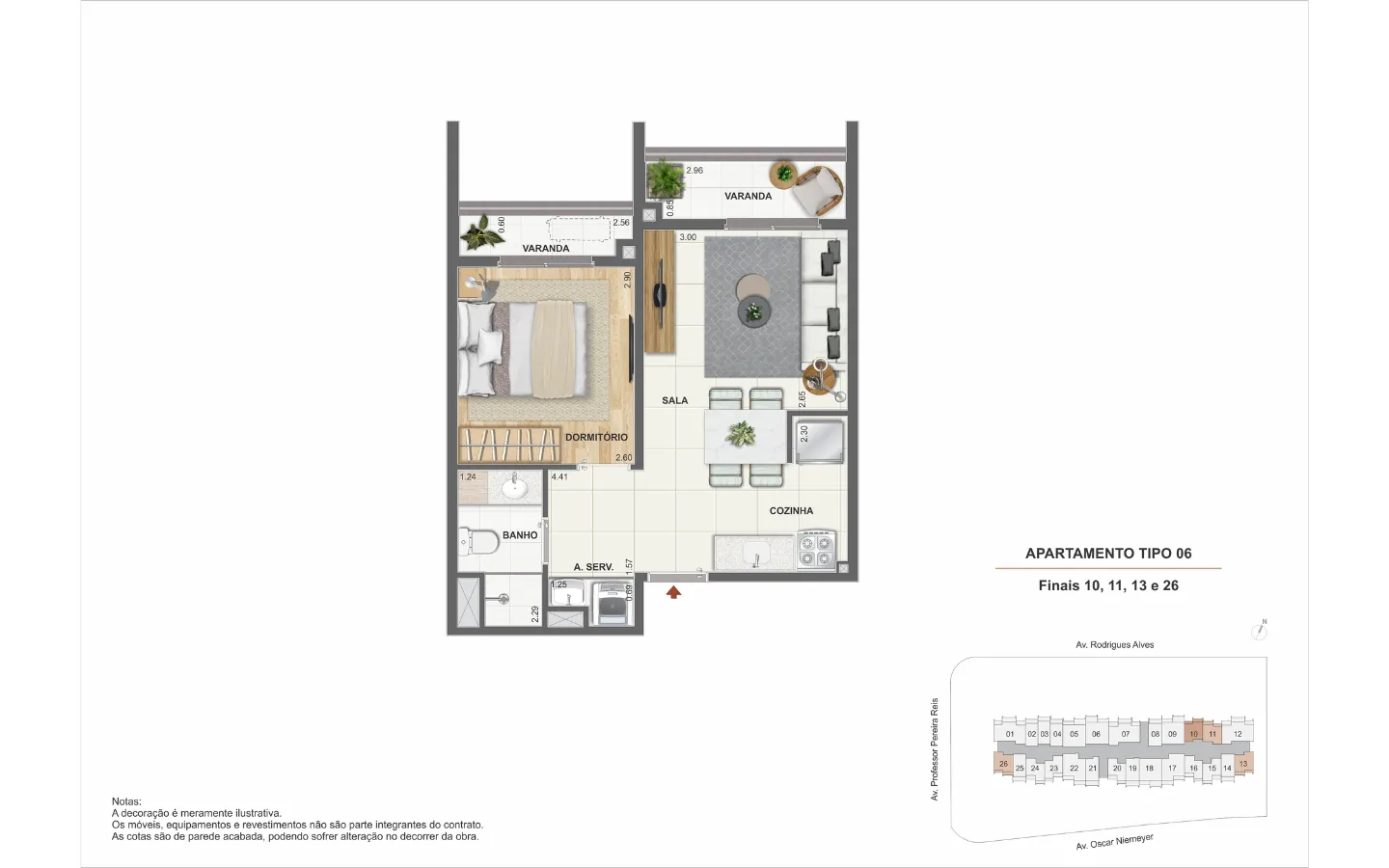 Planta do apartamento de 1 dormitório do Residencial Erê (apartamento tipo 06)